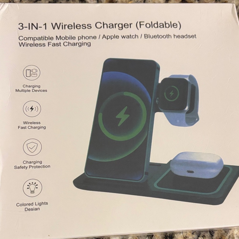 3-in-1 Wireless Charger with LED Lights Fast Charging Apple Earbuds Phone,Watch